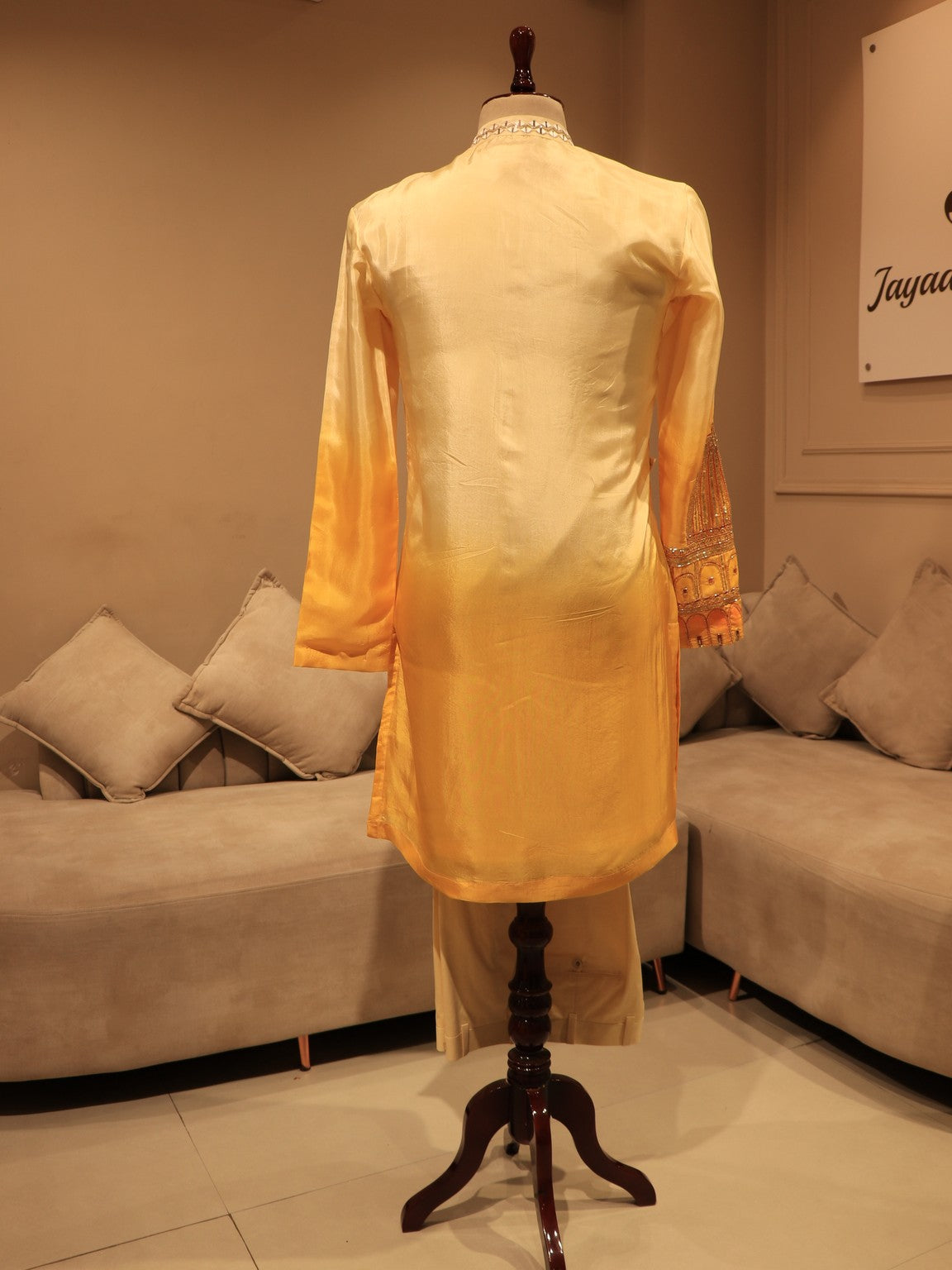 Yellow shaded mens hand painted kurta pants set