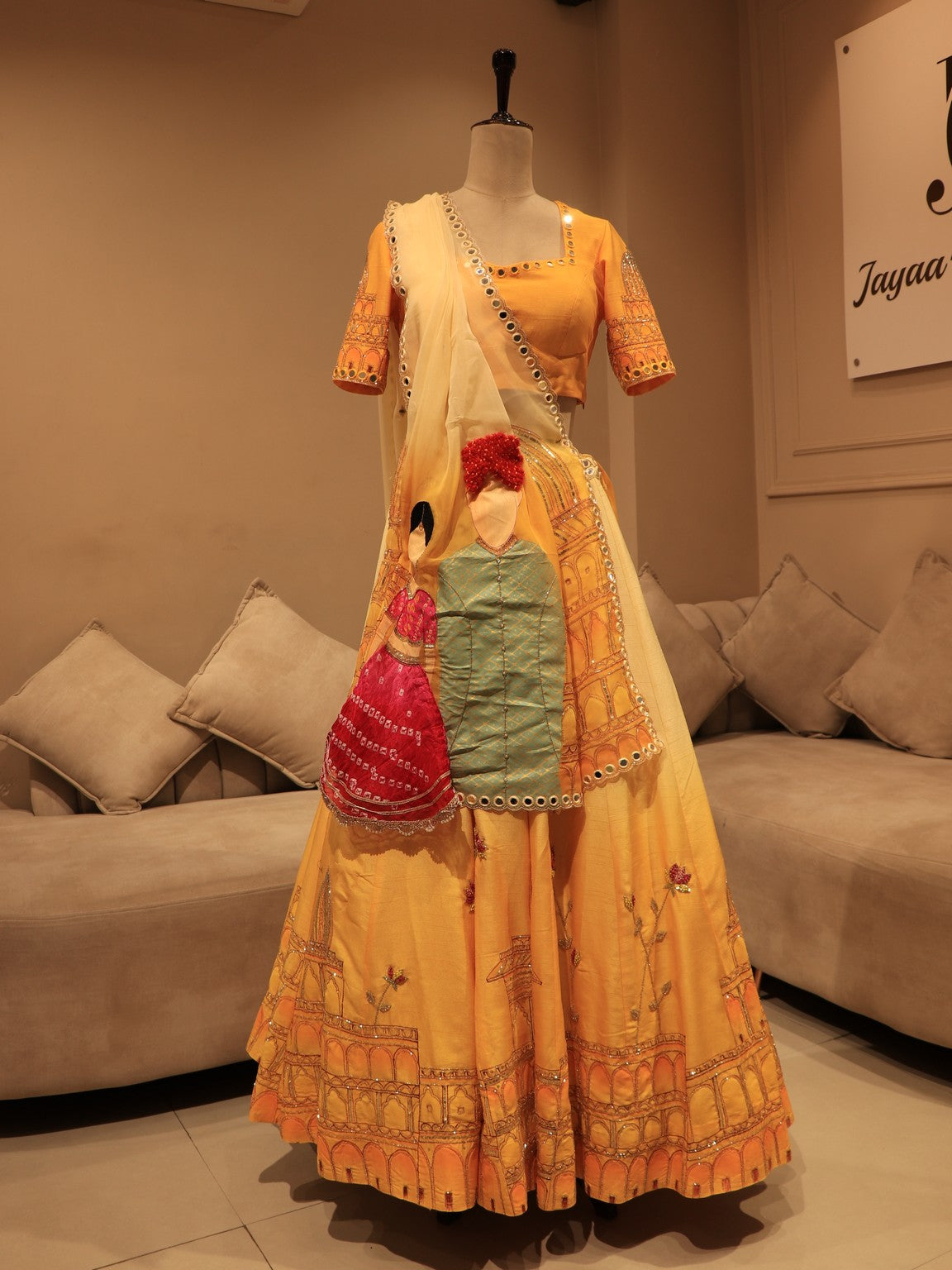Yellow shaded hand painted lehenga set