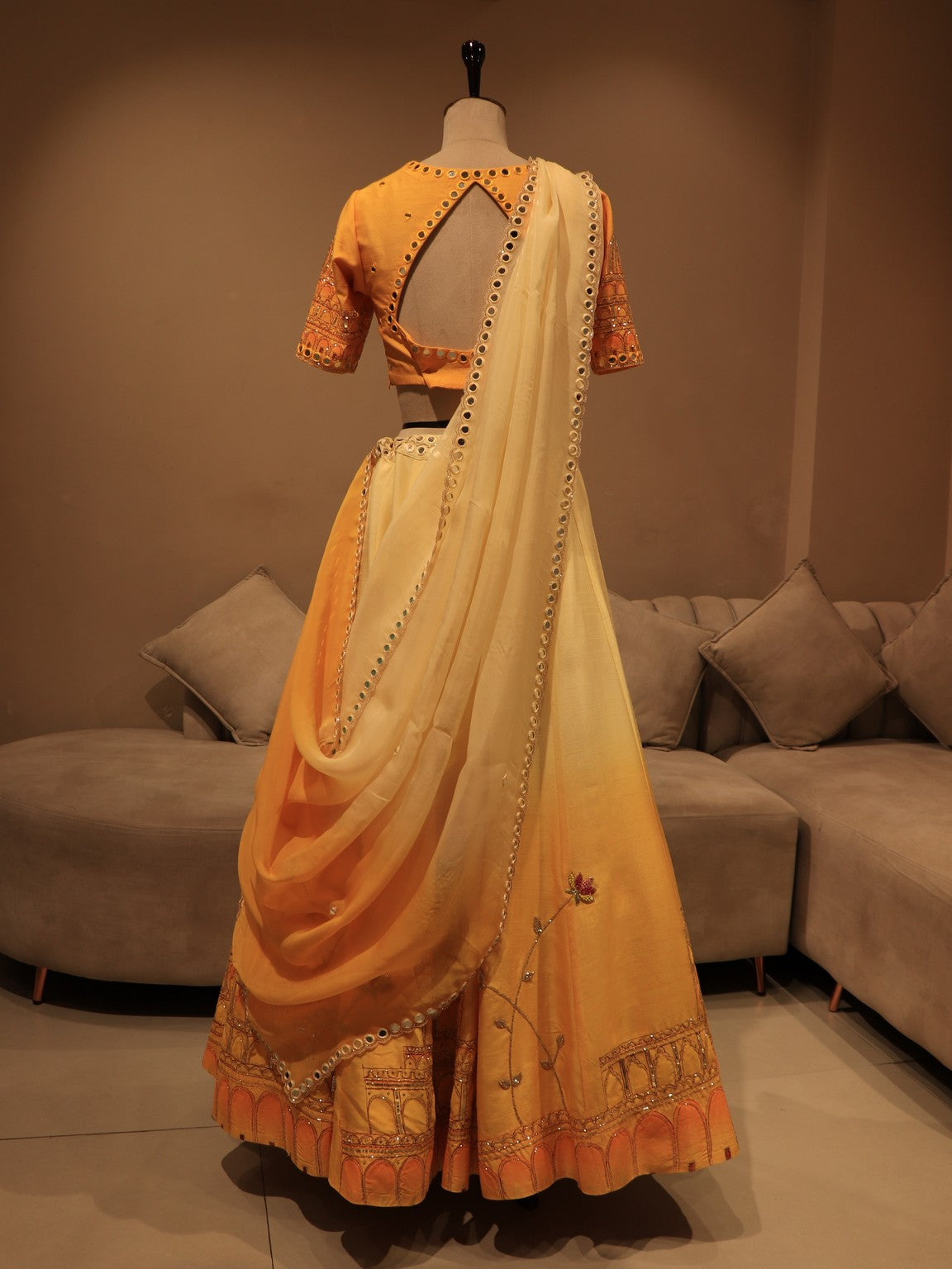 Yellow shaded hand painted lehenga set