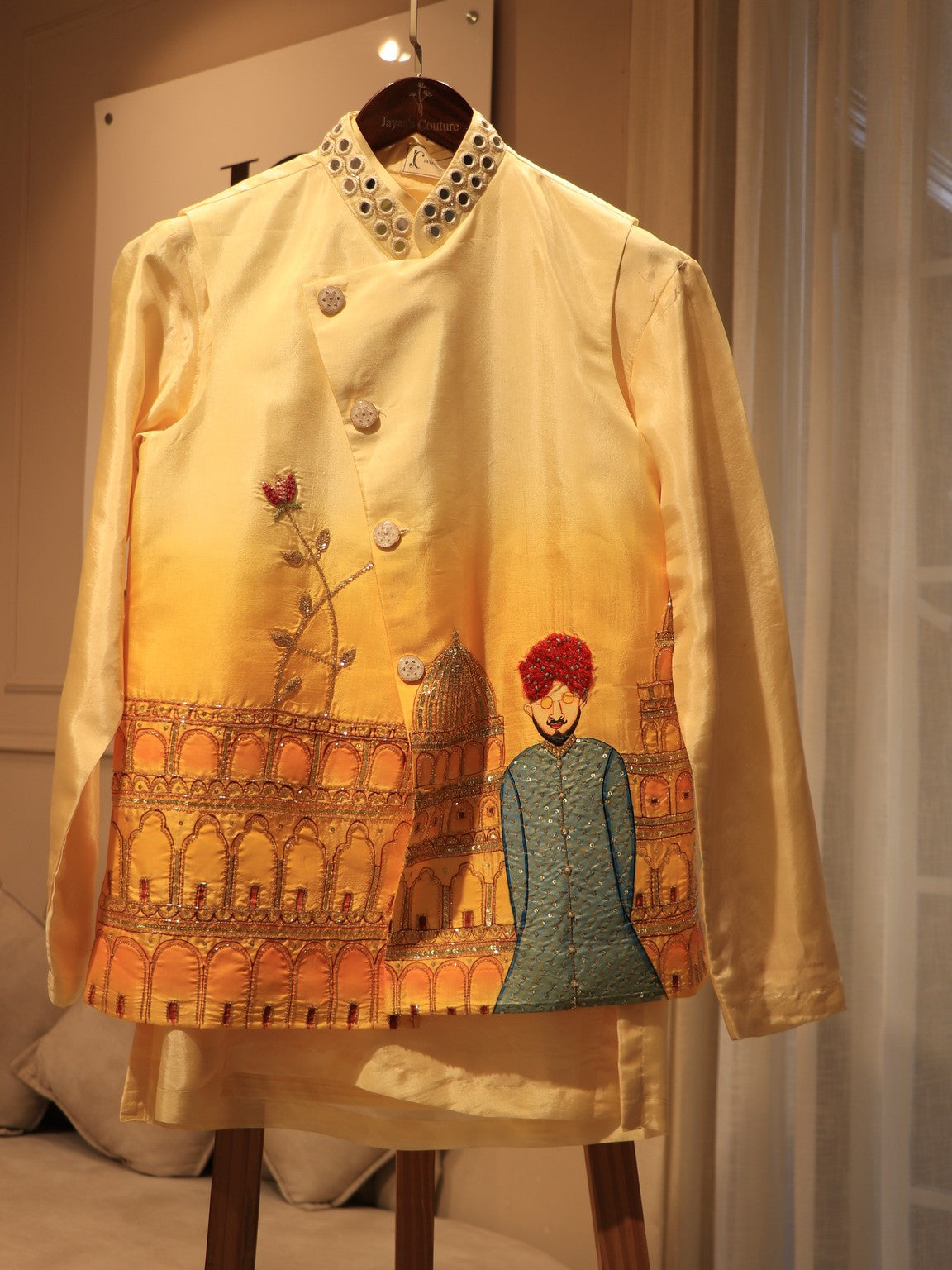 Yellow shaded mens hand painted mens indo western