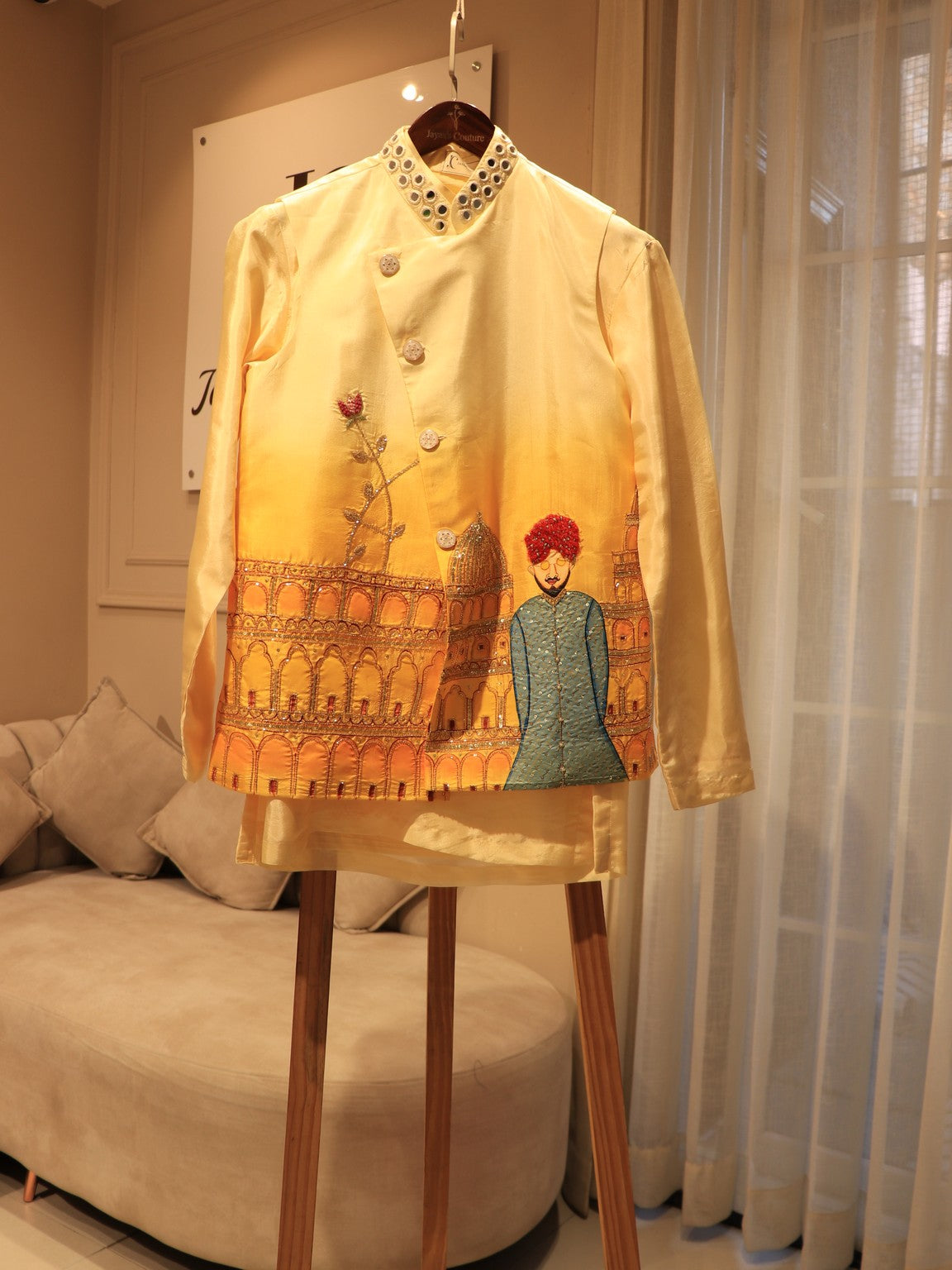 Yellow shaded mens hand painted mens indo western