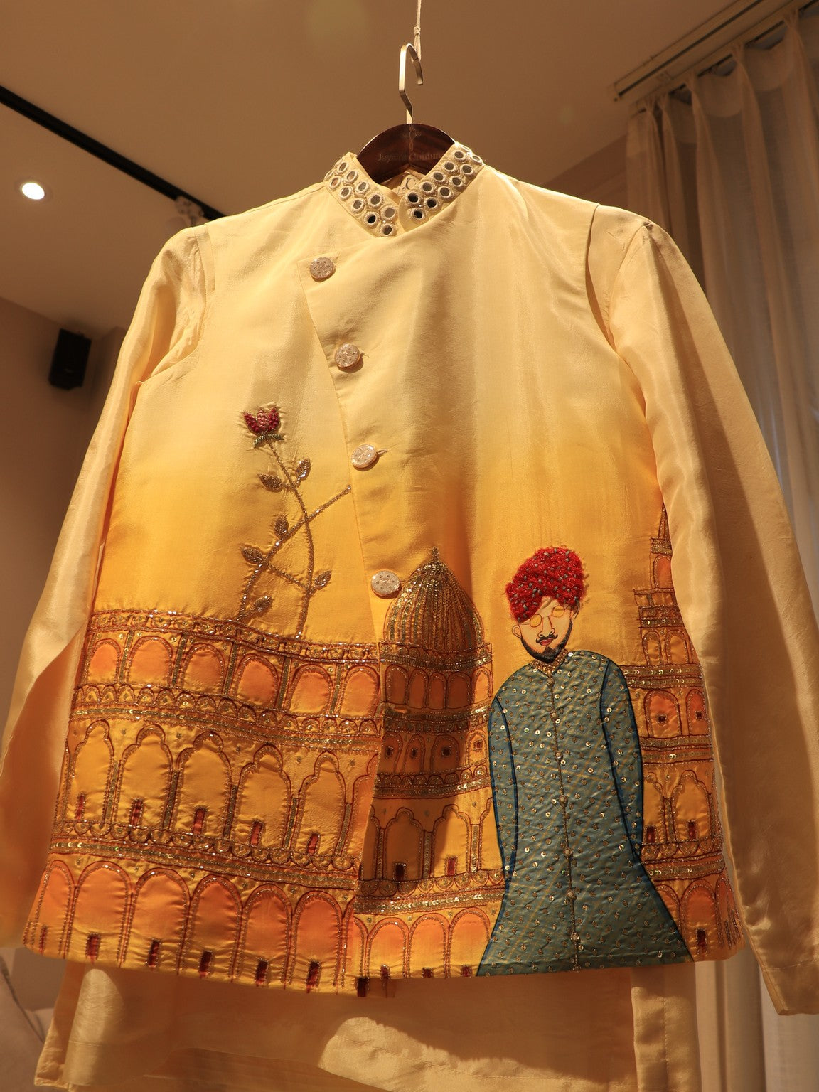 Yellow shaded mens hand painted mens indo western