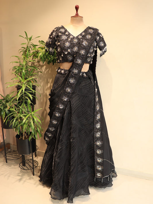 Black 3d flowers lehenga set