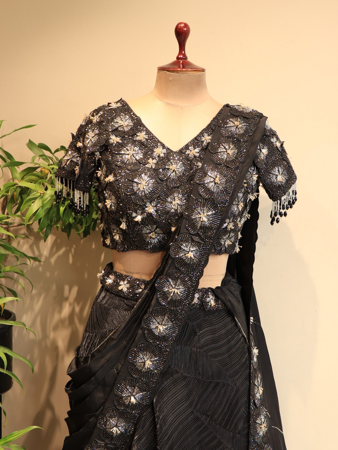 Black 3d flowers lehenga set