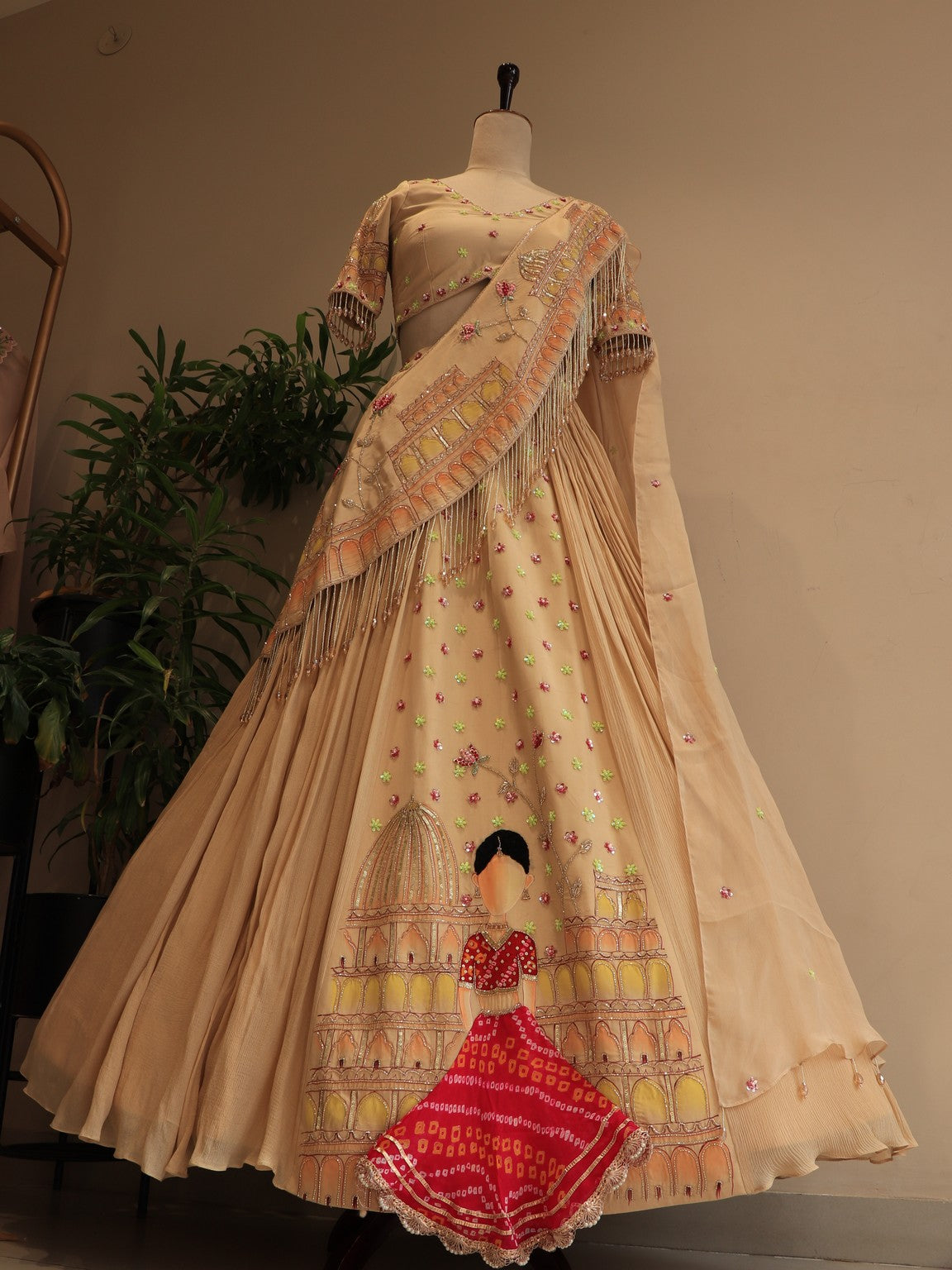 champaign gold hand painted lehenga set