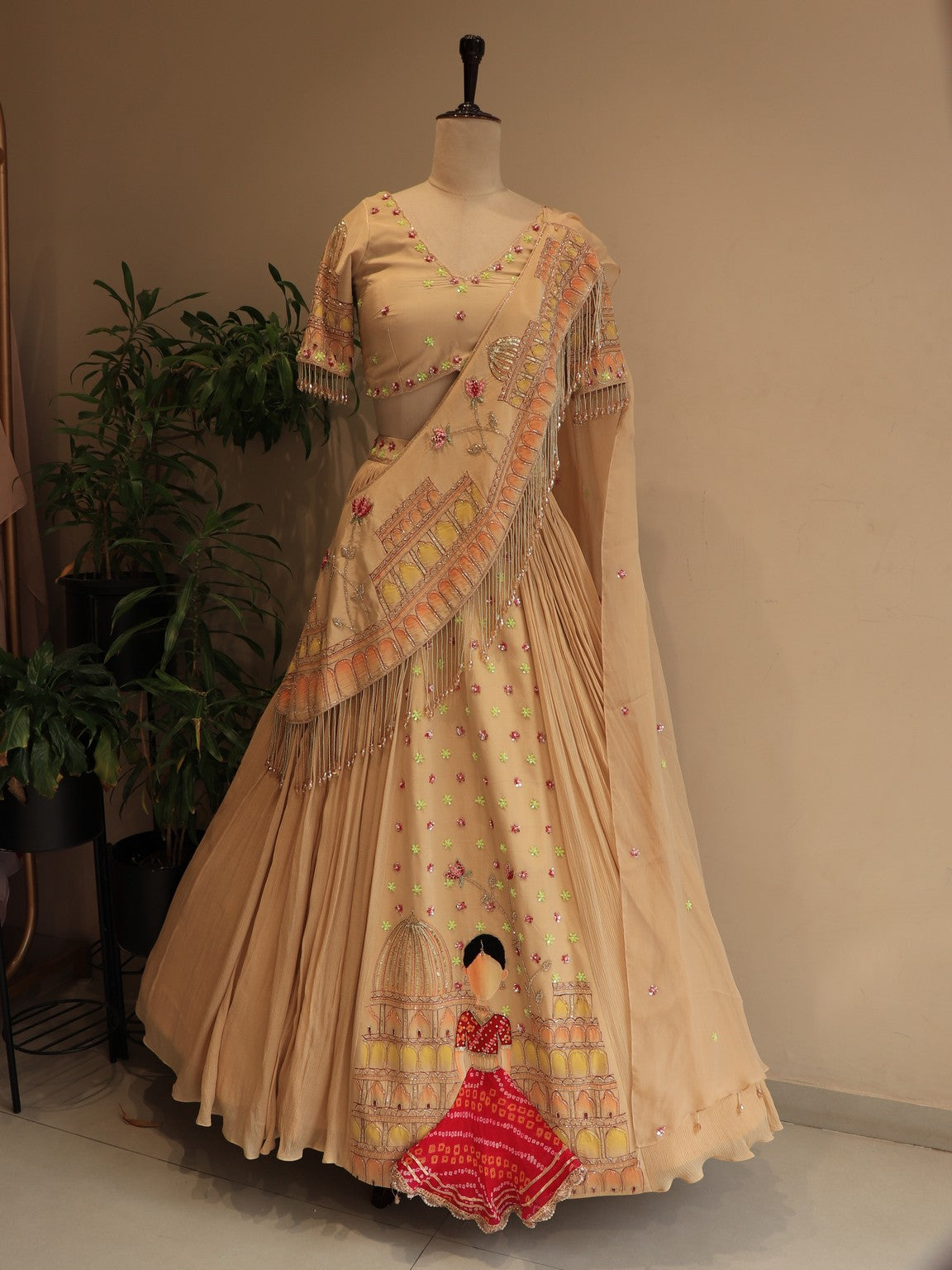 champaign gold hand painted lehenga set