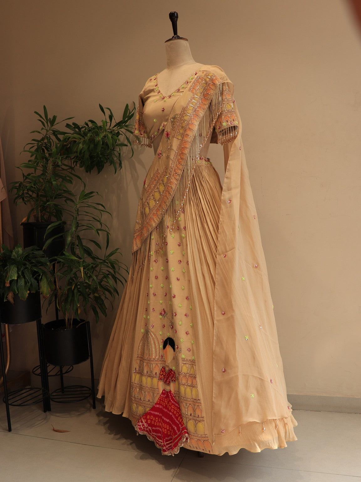 champaign gold hand painted lehenga set