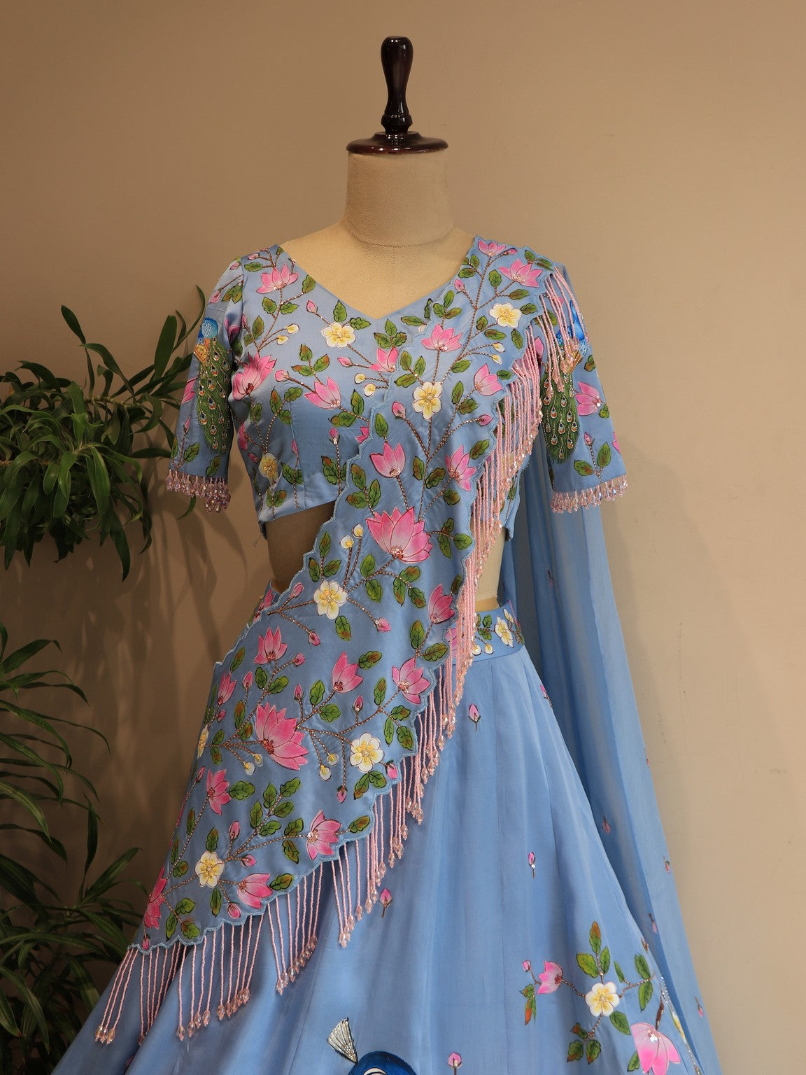 Sky blue peacock hand painted lehenga set