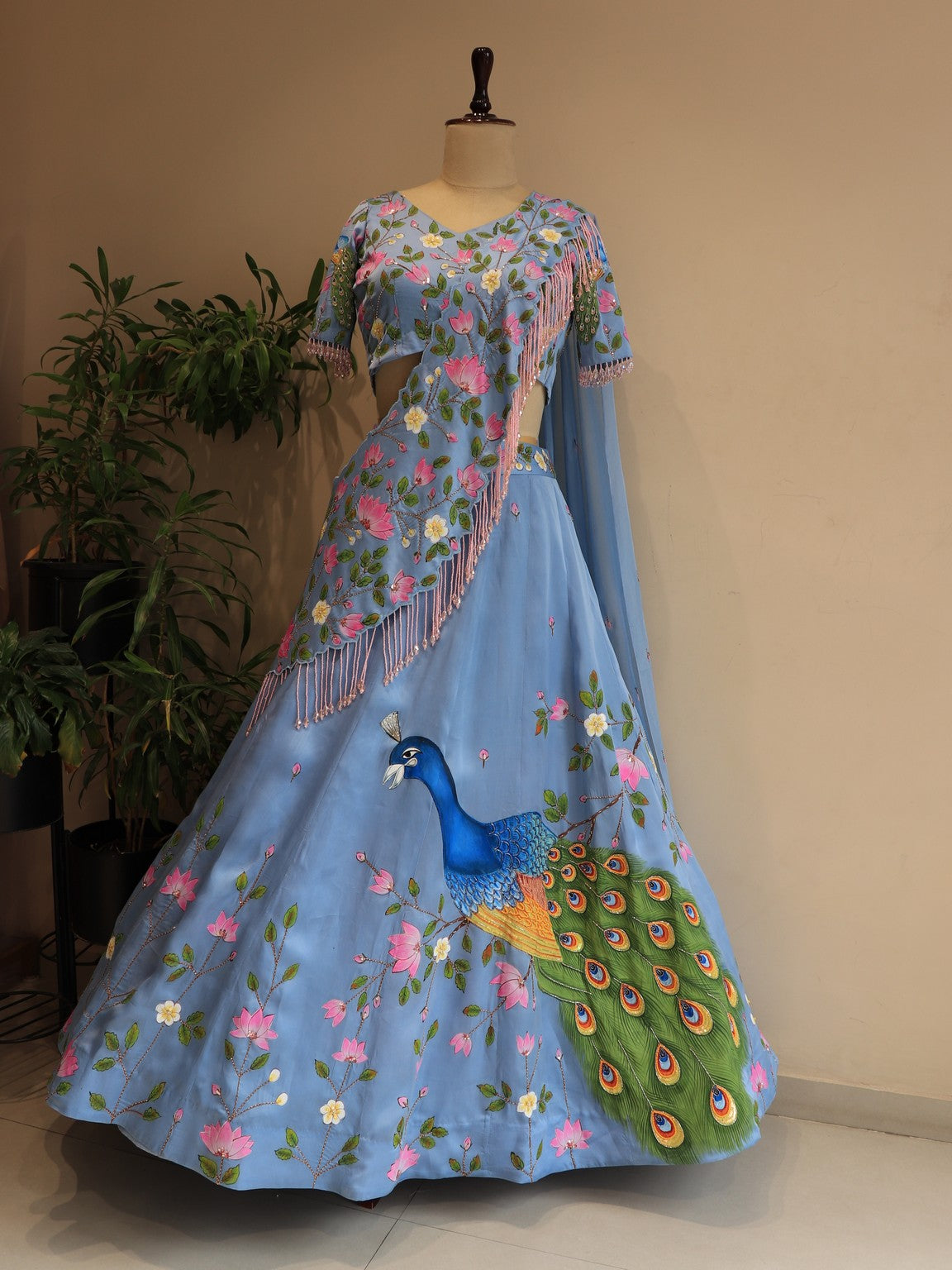 Sky blue peacock hand painted lehenga set