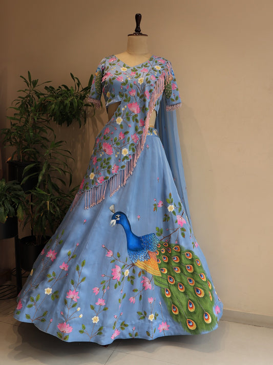 Sky blue peacock hand painted lehenga set
