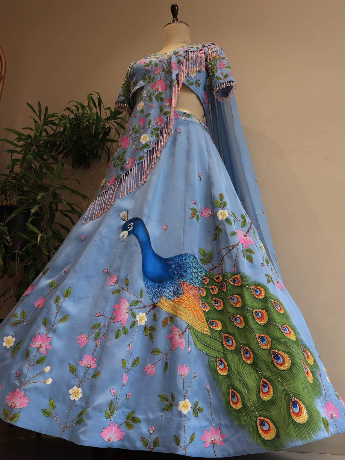 Sky blue peacock hand painted lehenga set