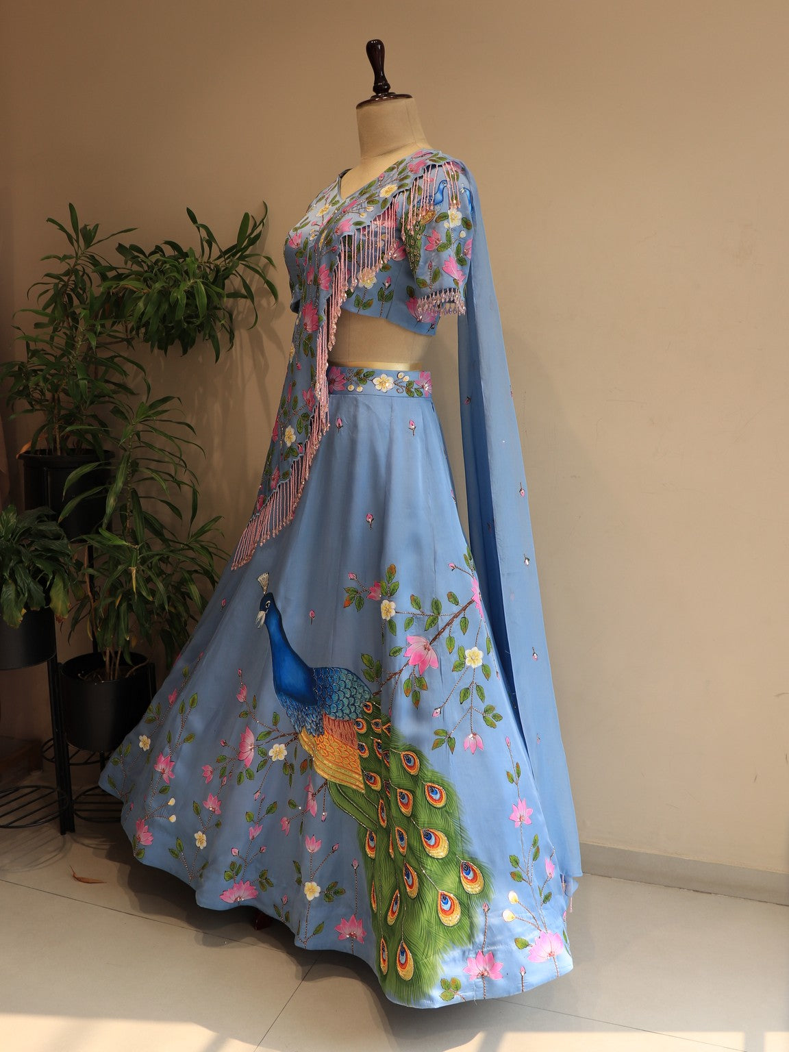 Sky blue peacock hand painted lehenga set