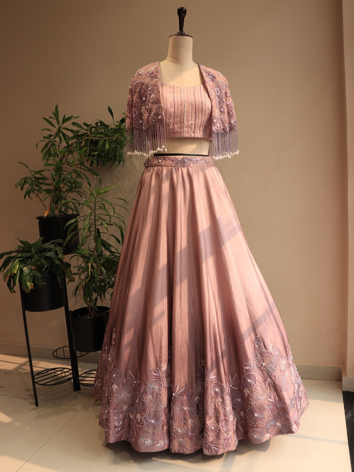 Mauve shaded embroidered cape top with skirt