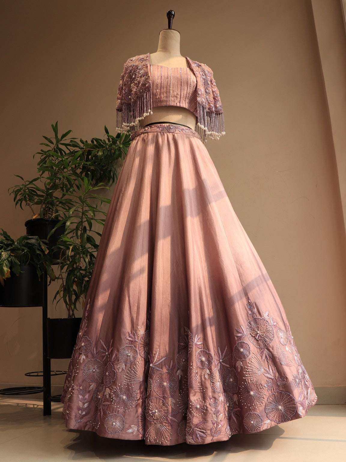 Mauve shaded embroidered cape top with skirt