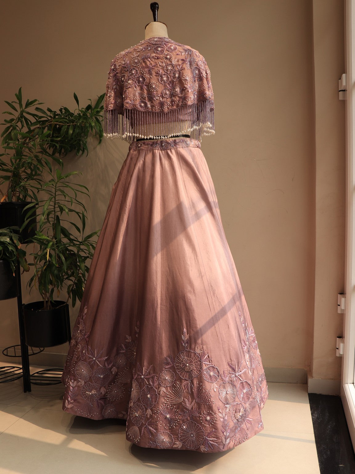 Mauve shaded embroidered cape top with skirt