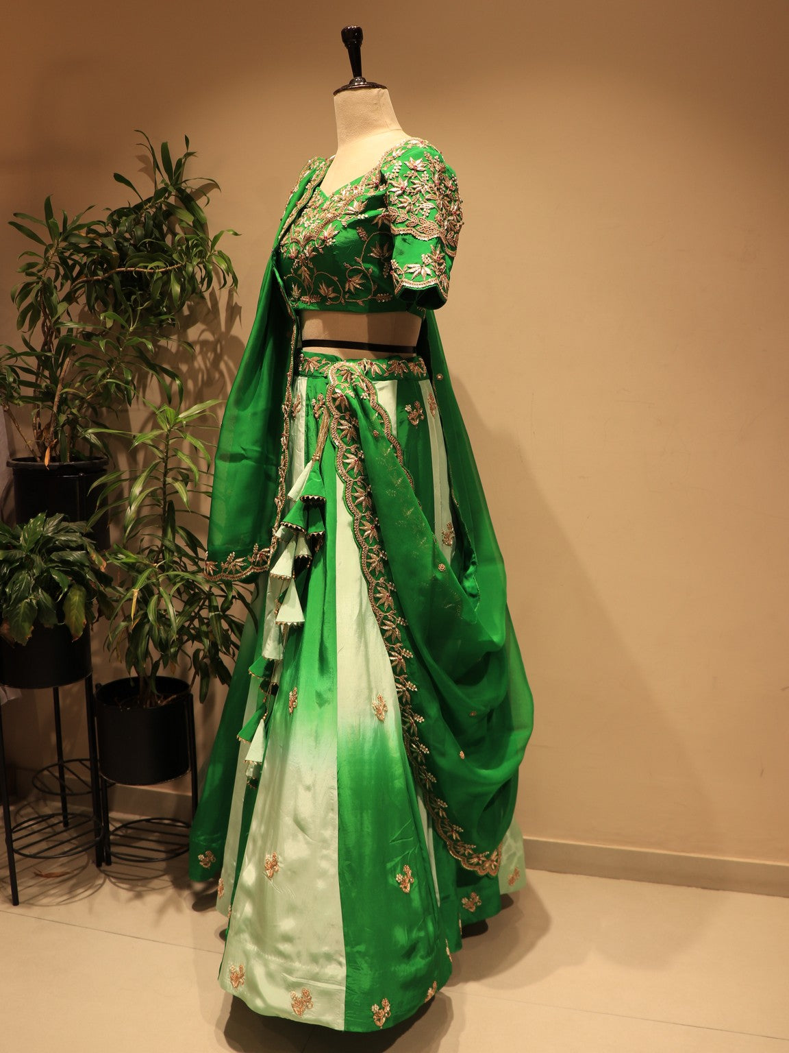 bottle green shaded zardosi lehenga set