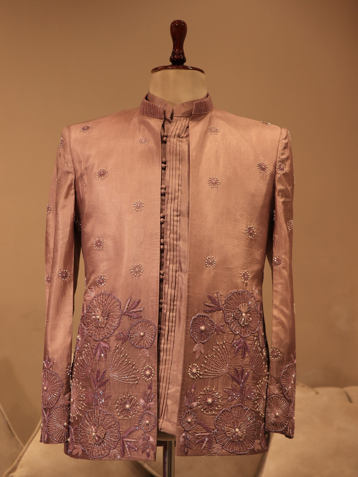 Mauve shaded embroidered mens indo western
