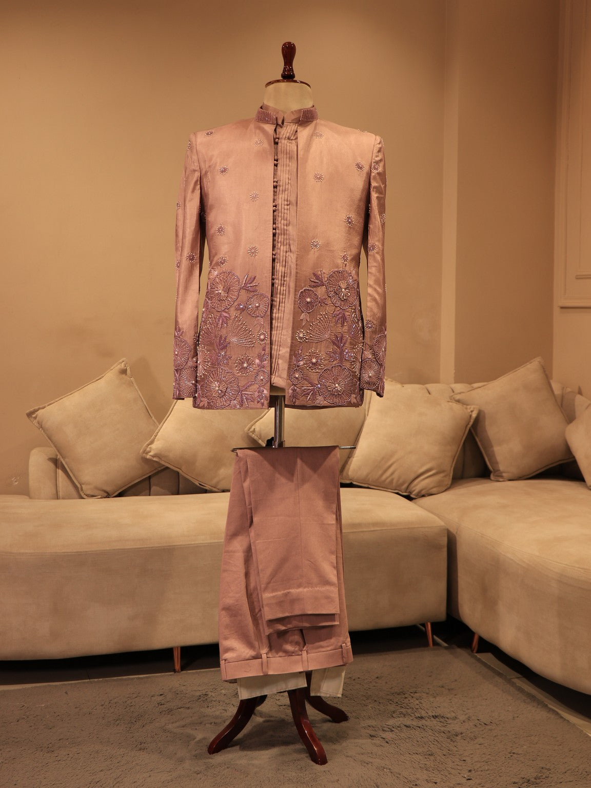 Mauve shaded embroidered mens indo western
