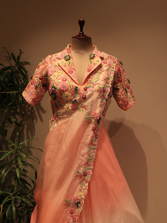 Peach shaded gown with drape dupatta