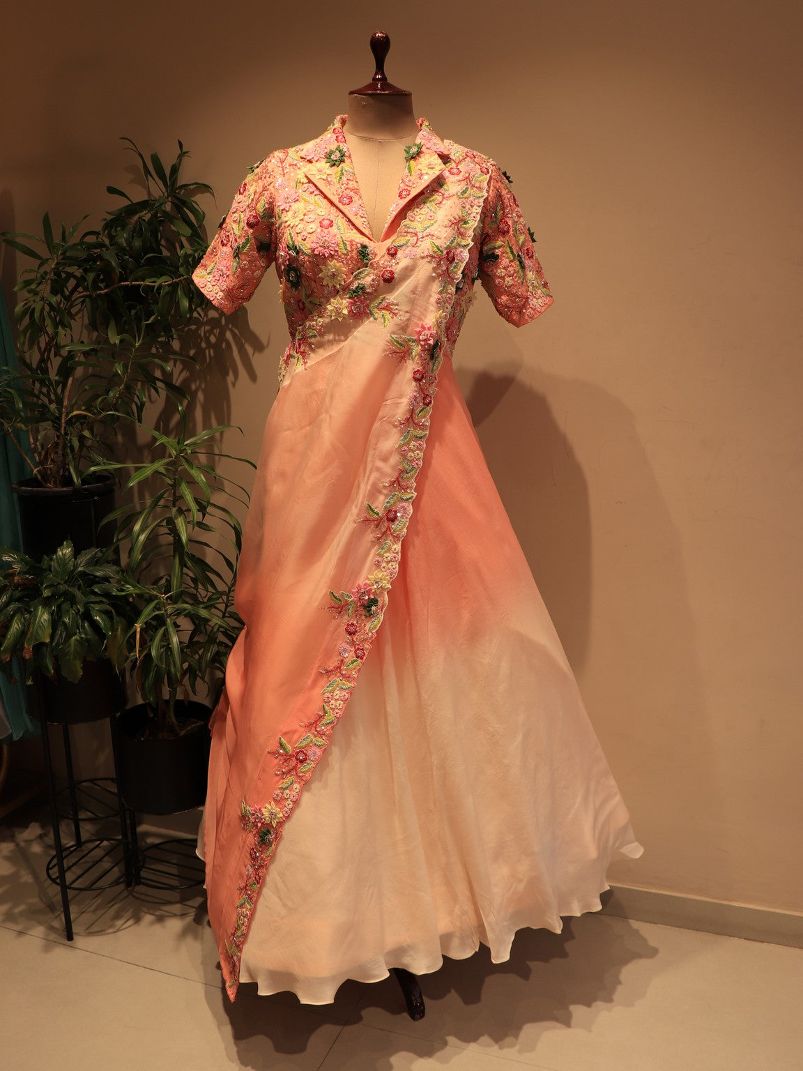 Peach shaded gown with drape dupatta