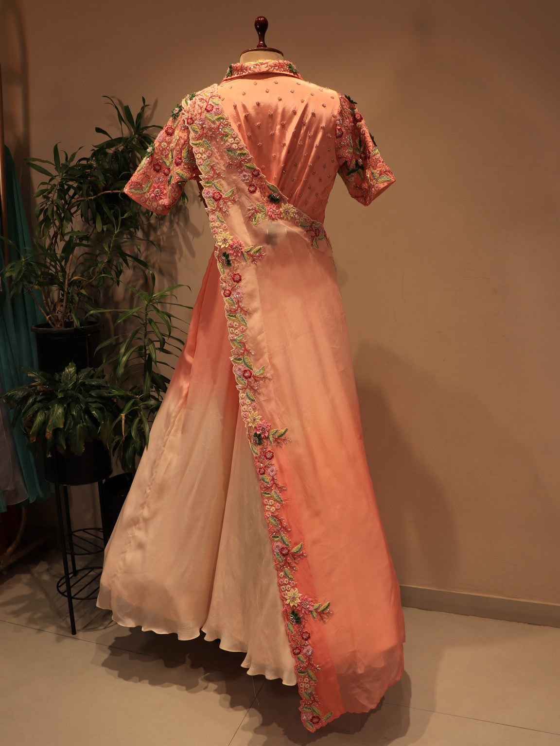 Peach shaded gown with drape dupatta