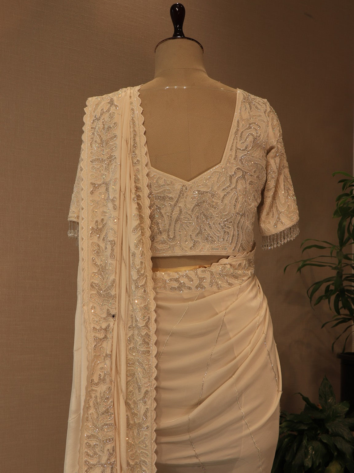 Pearl white embroidered saree