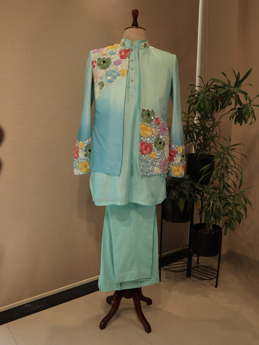 Sea green shaded mens indo western