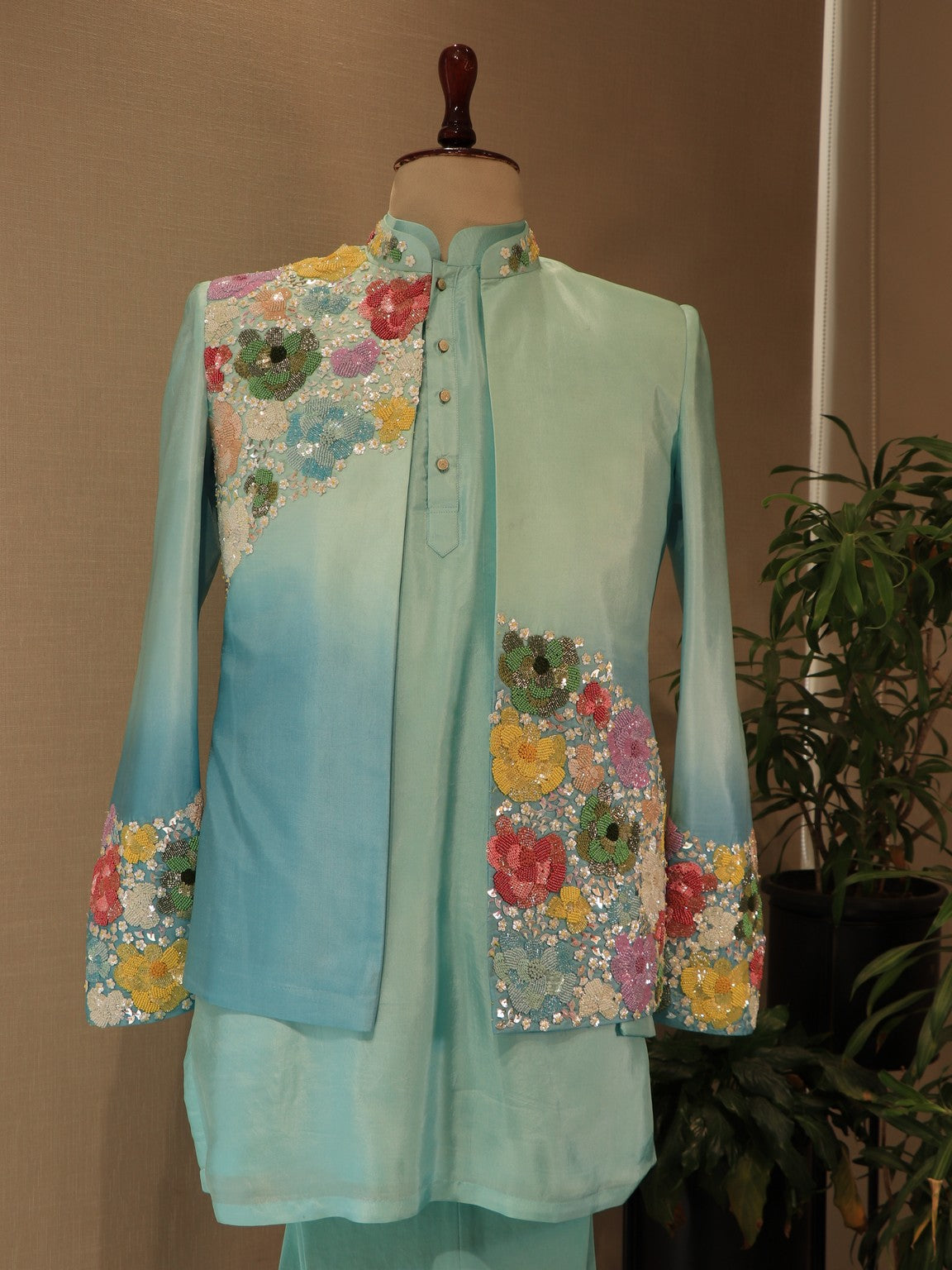 Sea green shaded mens indo western