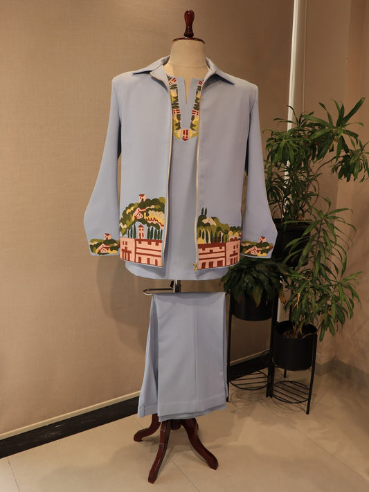Powder blue mens embroidered bomber jacket with pants