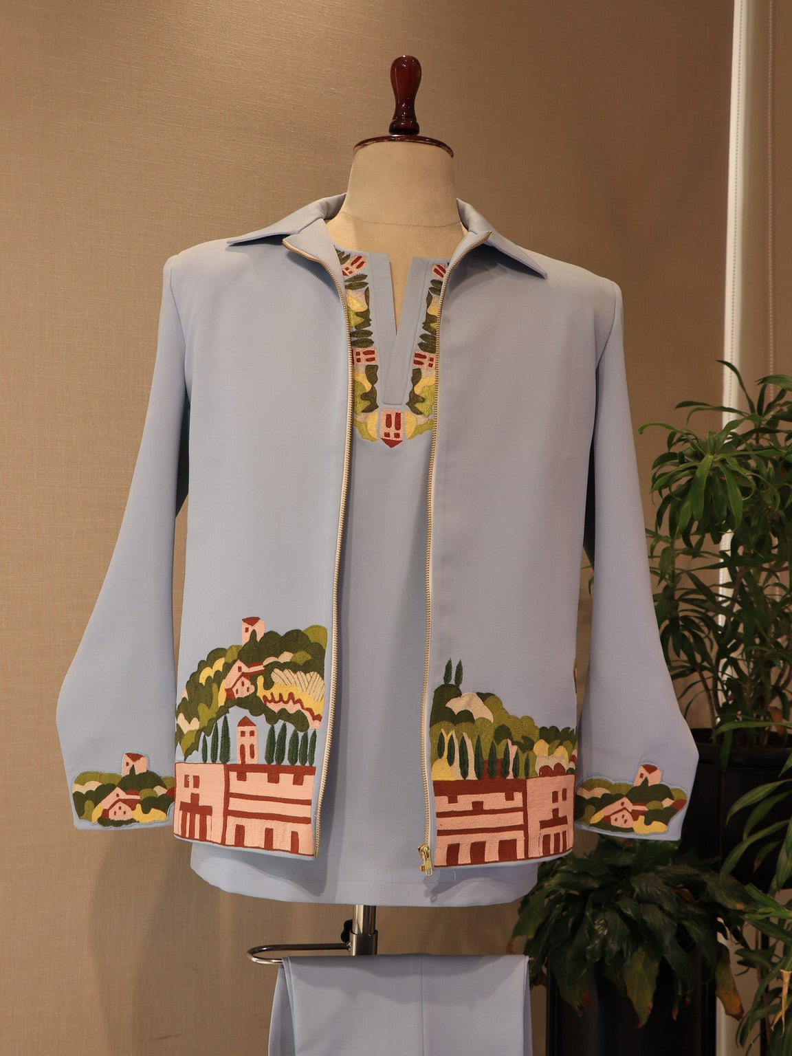 Powder blue mens embroidered bomber jacket with pants