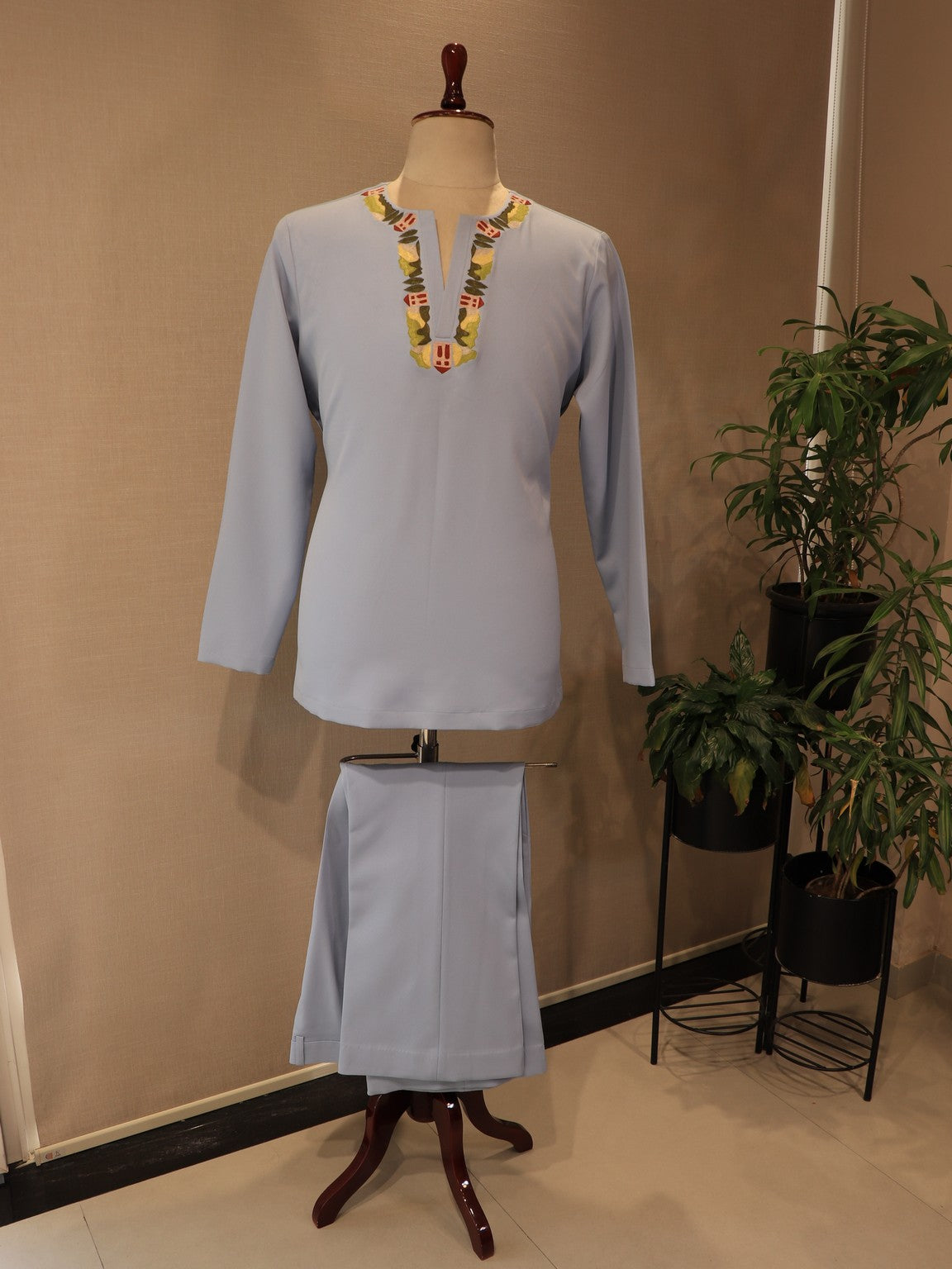 Powder blue mens embroidered bomber jacket with pants