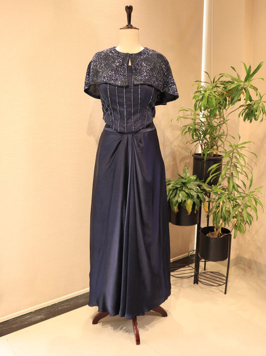 Deep navy blue corset cape with skirt