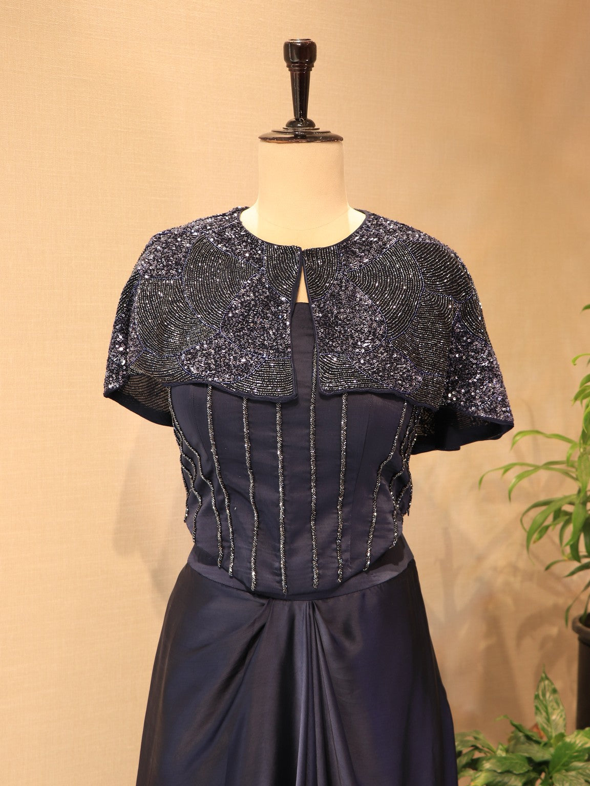 Deep navy blue corset cape with skirt