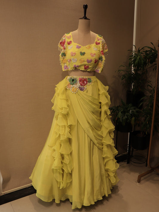 Yellow crop top skirt with drpe dupatta