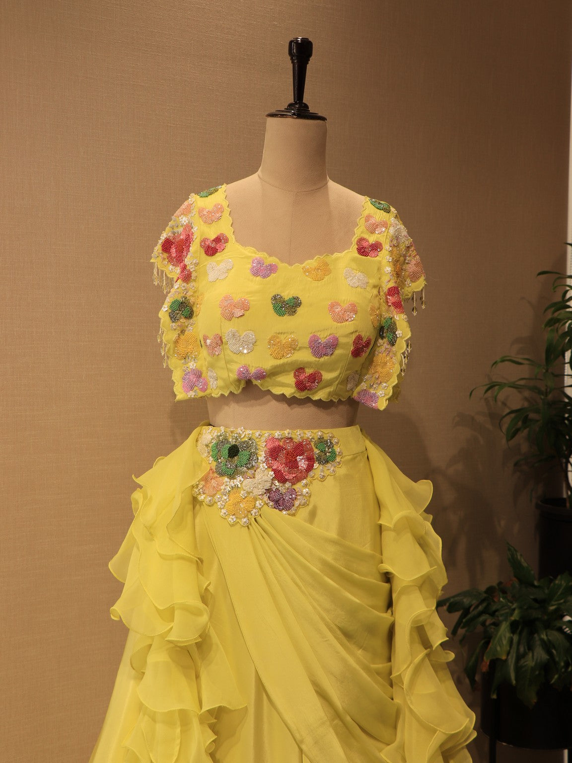 Yellow crop top skirt with drpe dupatta