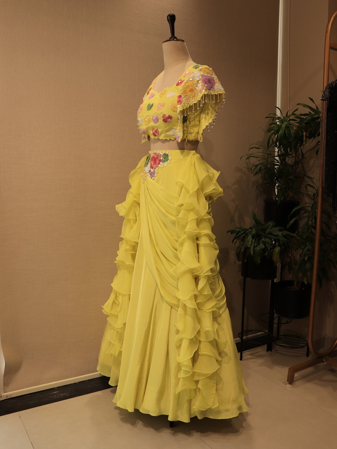 Yellow crop top skirt with drpe dupatta