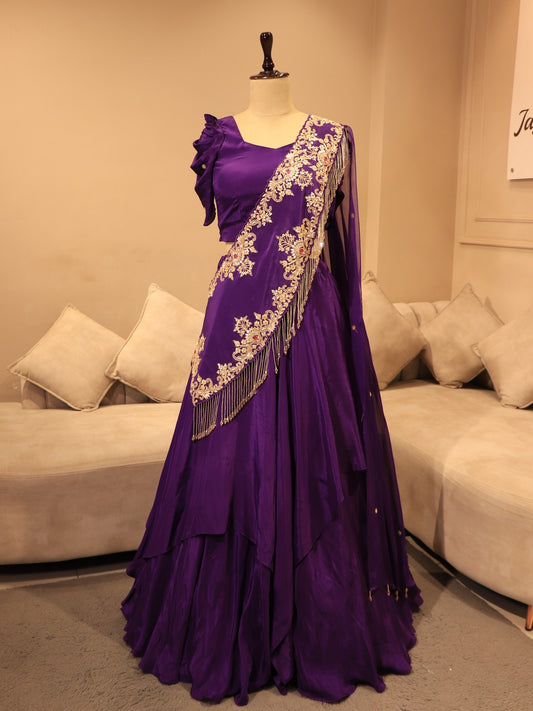 Deep purple zardosi crop top with drape skirt dupatta