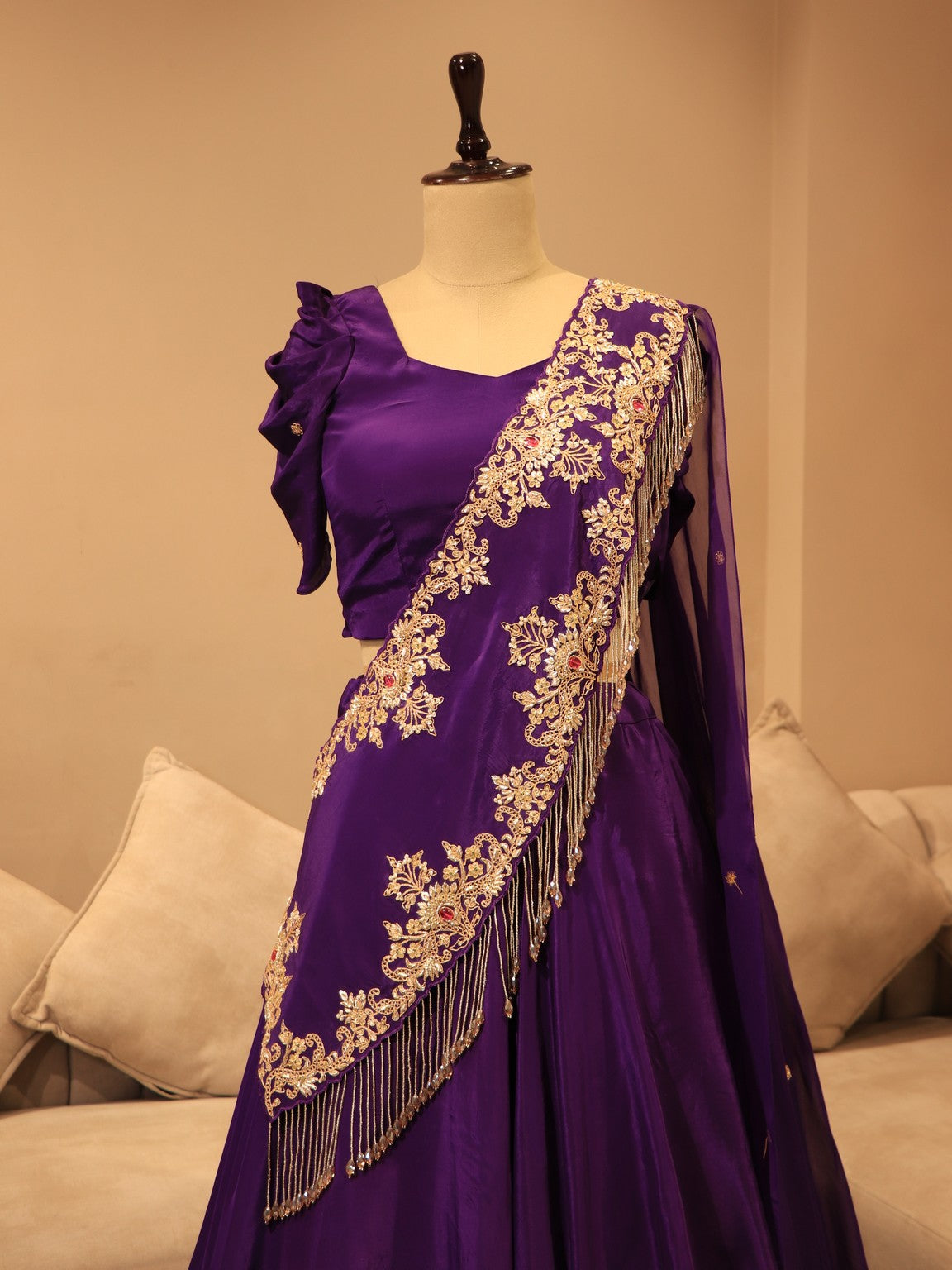 Deep purple zardosi crop top with drape skirt dupatta