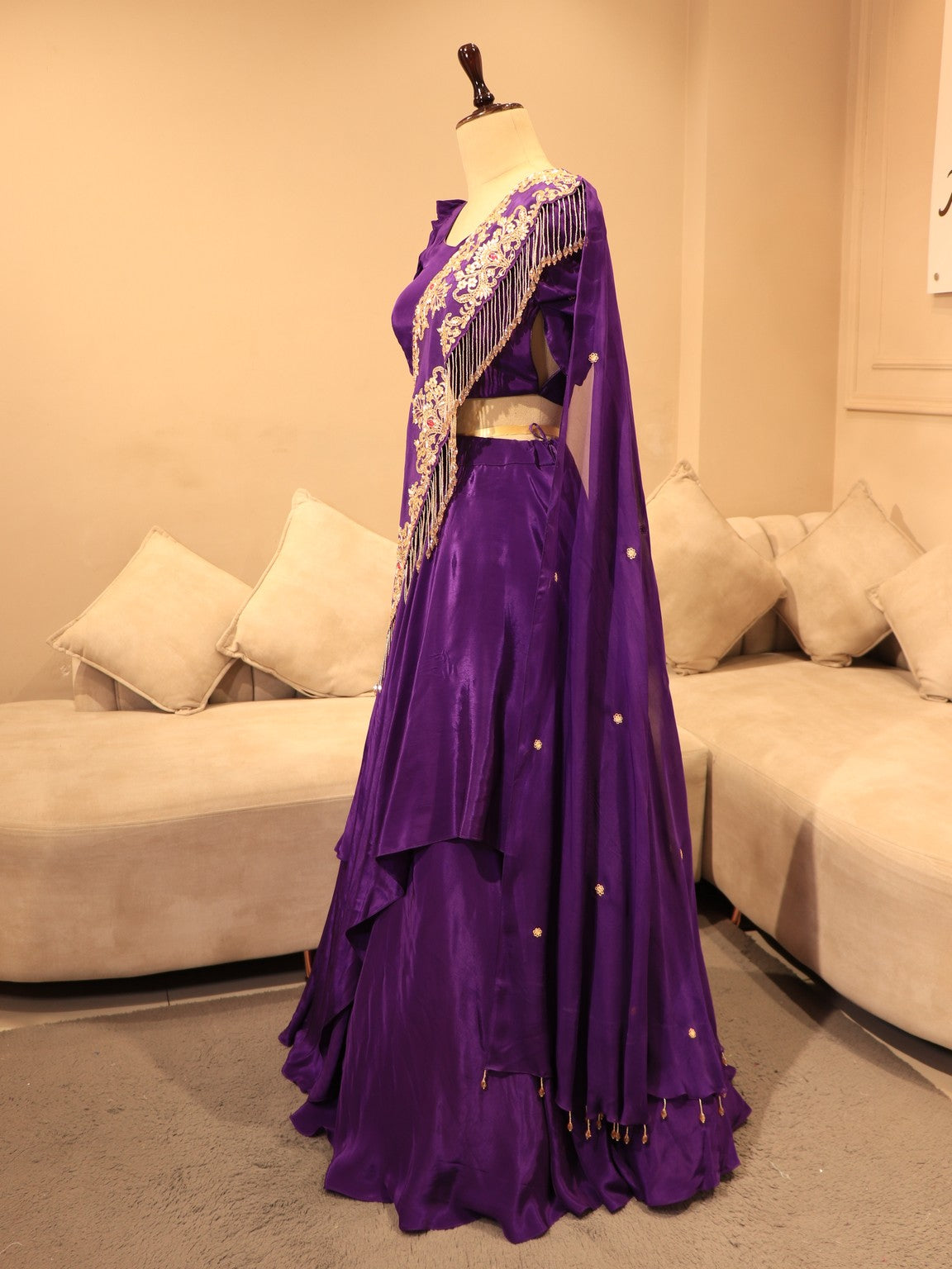 Deep purple zardosi crop top with drape skirt dupatta