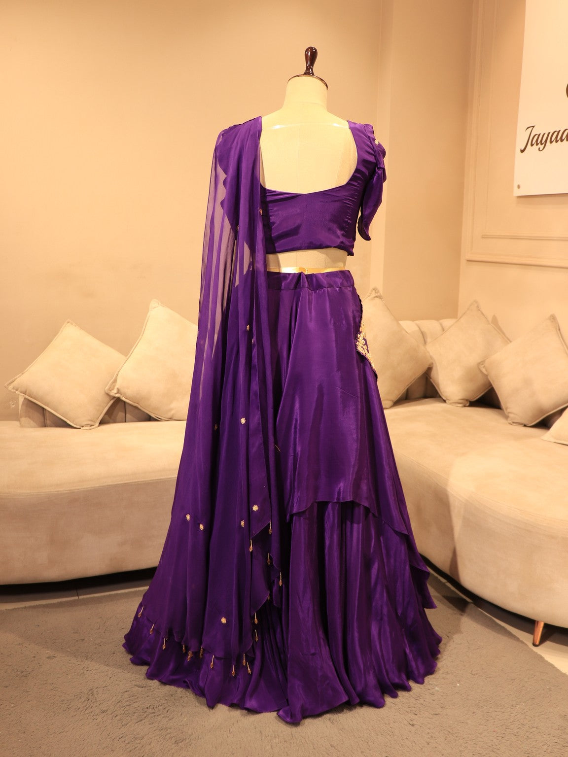Deep purple zardosi crop top with drape skirt dupatta