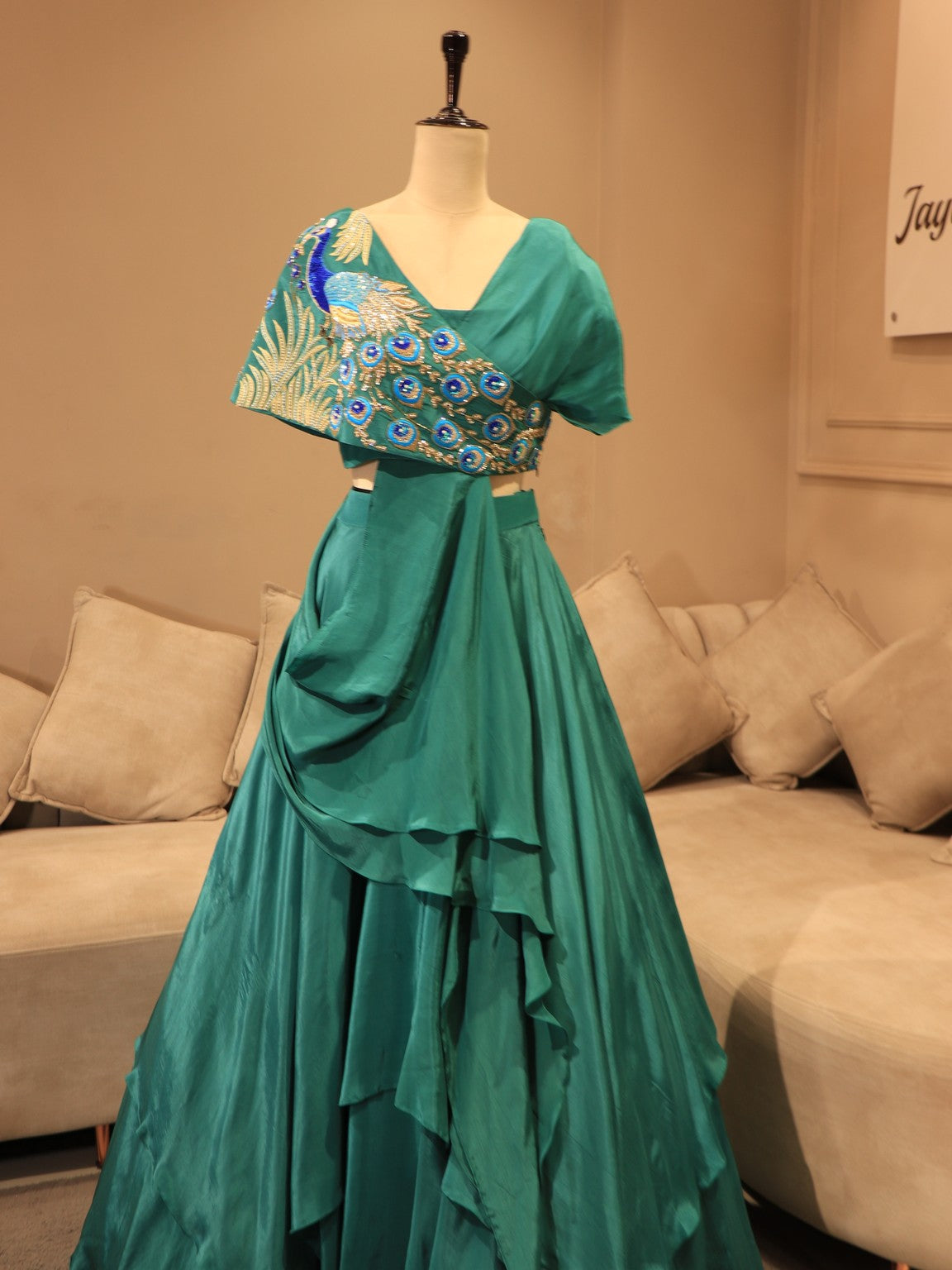 Turquoish green peacock cape top skirt set