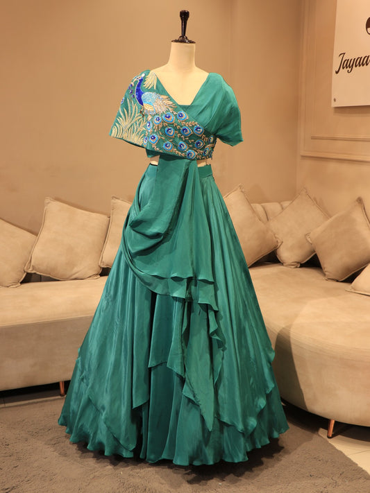 Turquoish green peacock cape top skirt set
