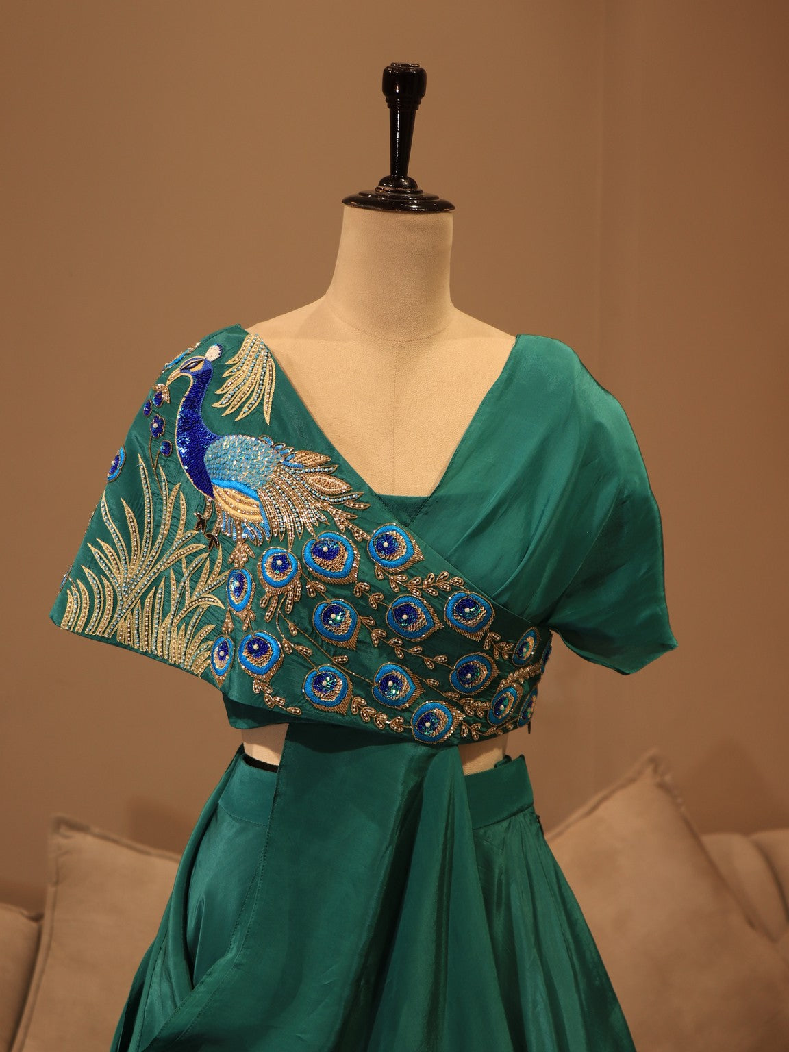 Turquoish green peacock cape top skirt set