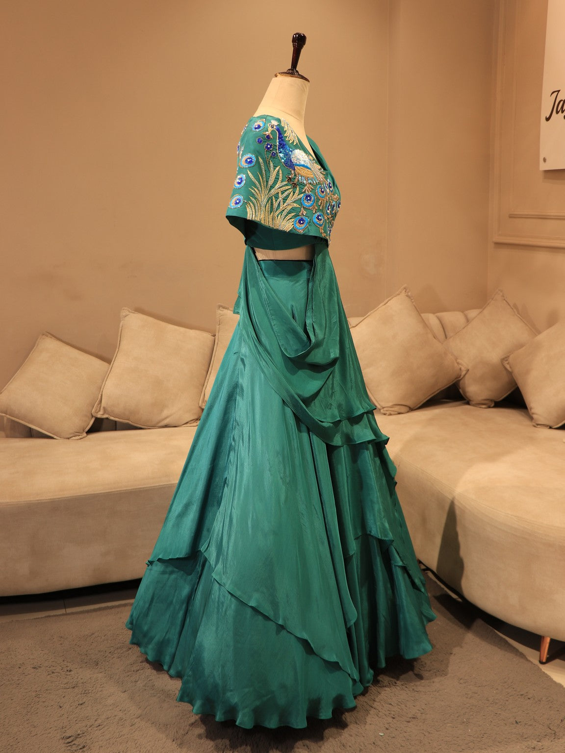 Turquoish green peacock cape top skirt set