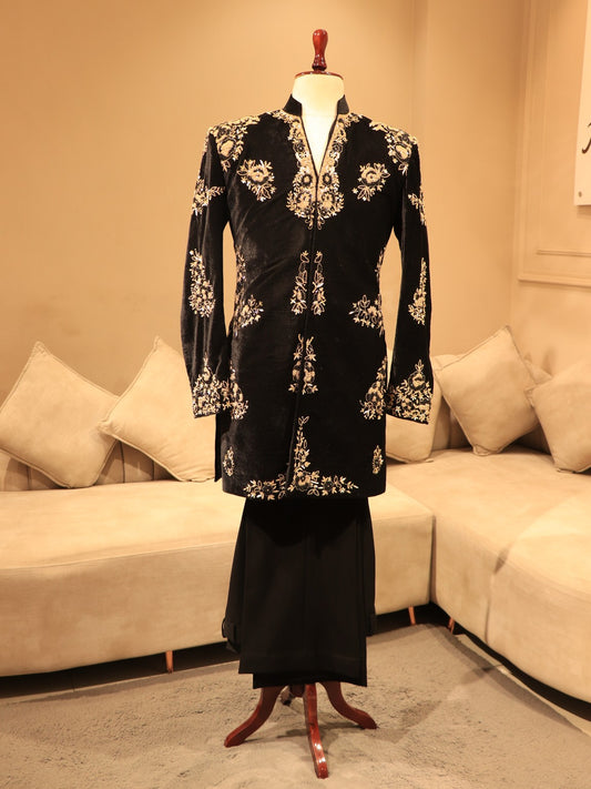 Black velvet mens achkan set