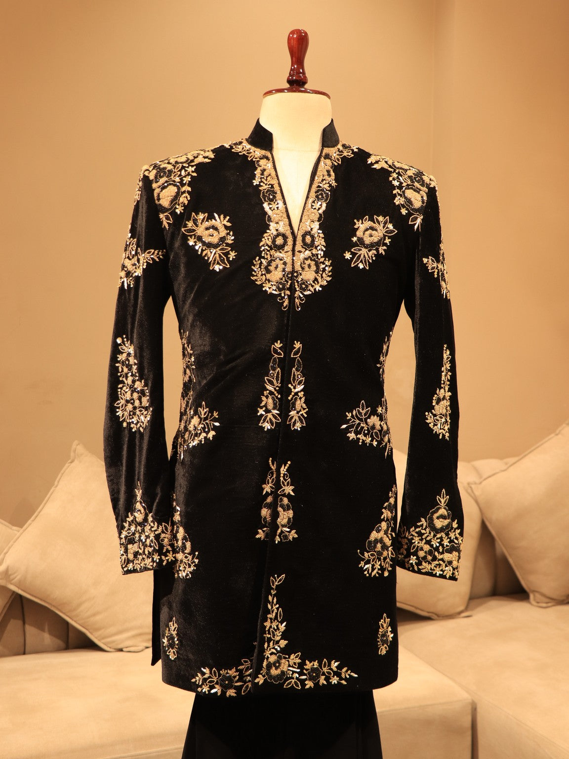 Black velvet mens achkan set