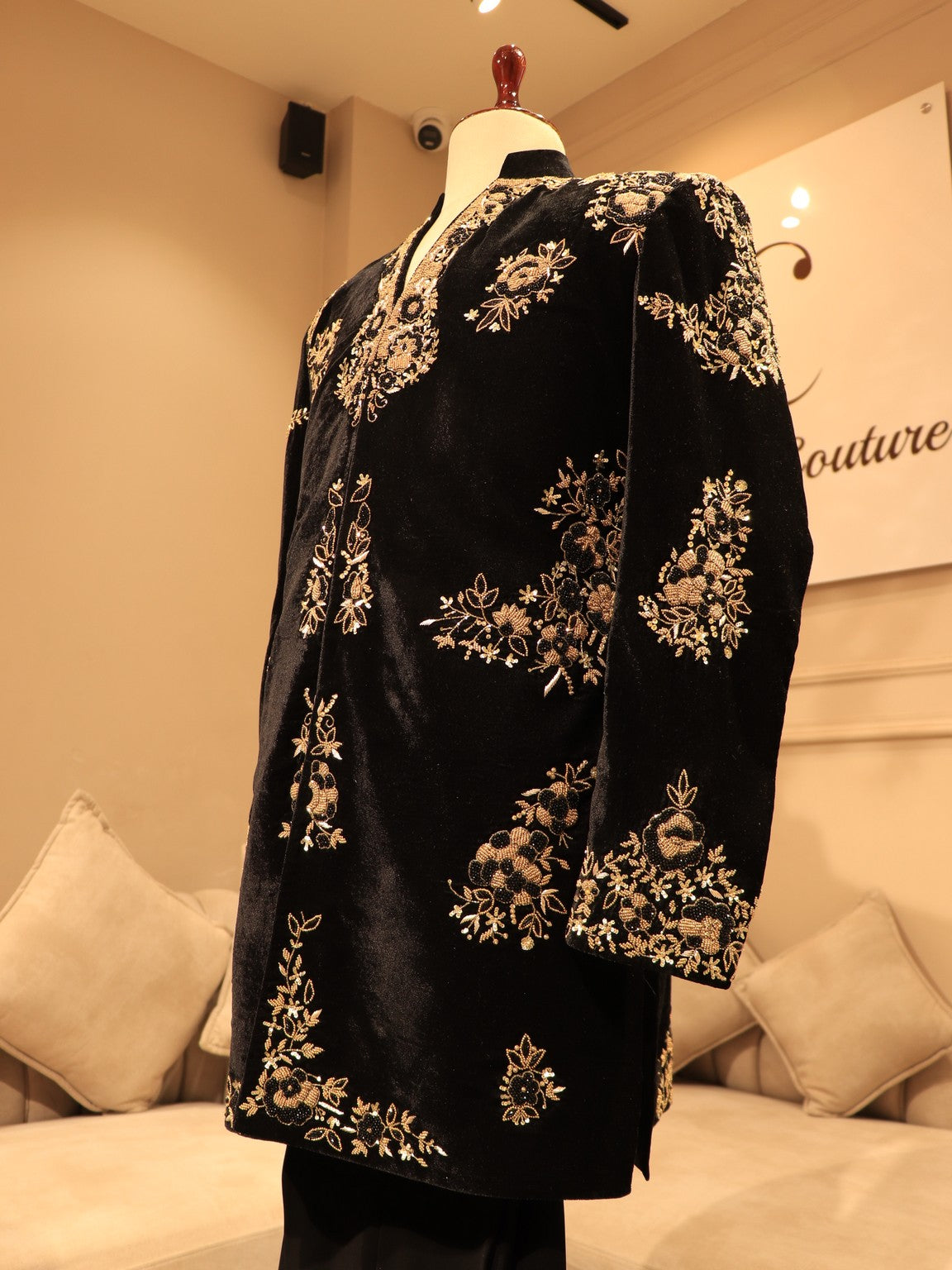 Black velvet mens achkan set