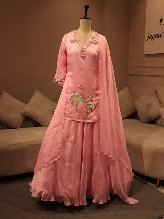 Pink crane kurta skirt with dupatta