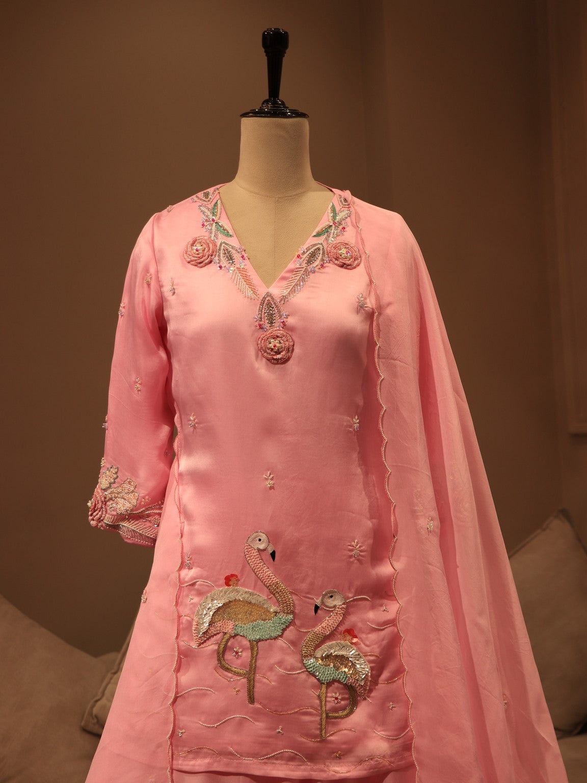 Pink crane kurta skirt with dupatta