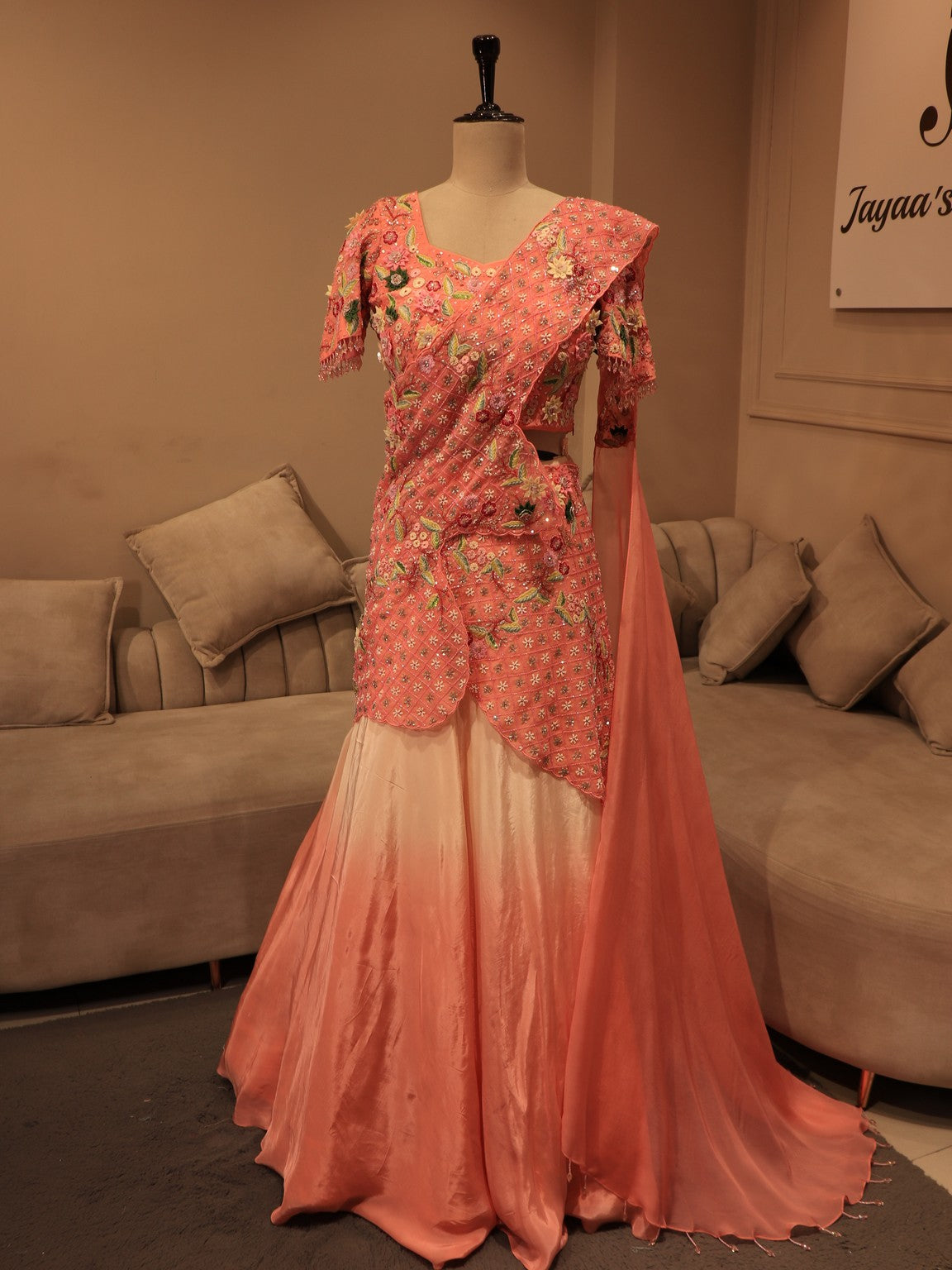 peach shaded drape lehenga set
